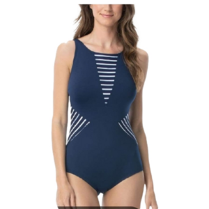 High Neck One-Piece Swimsuit w/ Print Inset.  On Your Mark Mix Navy, size 16